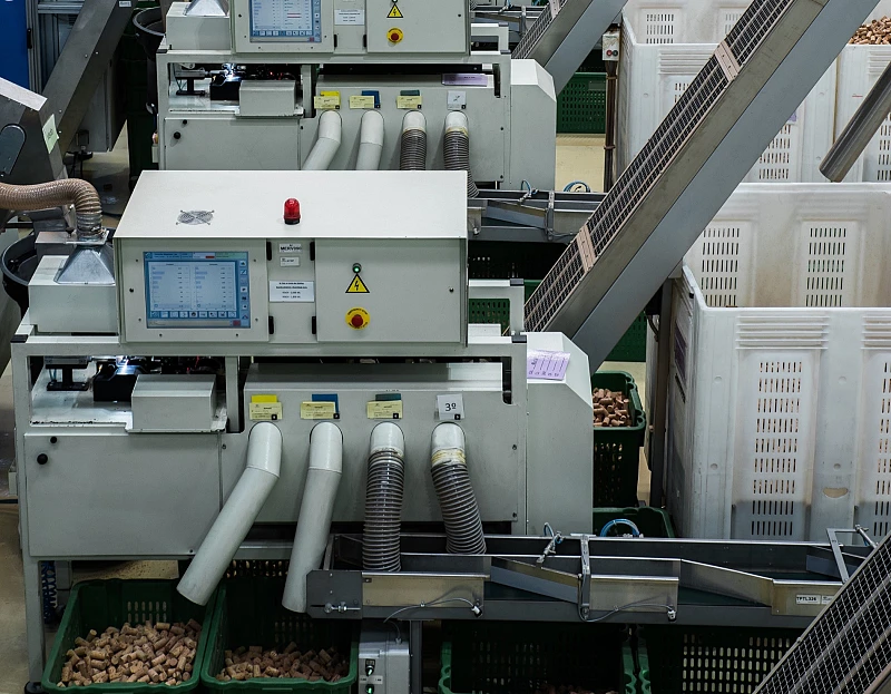 The stoppers are separated mechanically and photographed by computers, which classify them based on visual quality. Many cork stoppers are rejected and will be used to make cork granulate for technical stoppers.